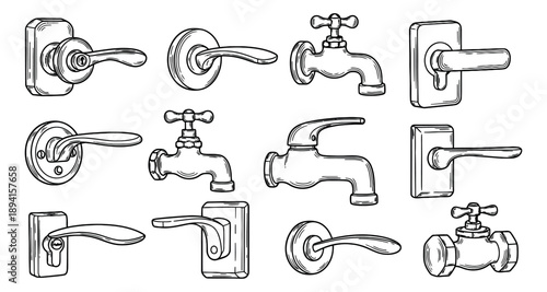 Hand drawn line art home hardware set featuring door handles and water taps for interior design