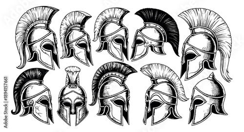 Hand drawn line art spartan helmet set featuring various ancient greek warrior helmets for historical designs