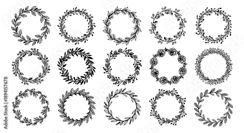 Hand drawn line art wreath set featuring various botanical elements, leaves, branches, and berries for wedding invitations and decorative designs
