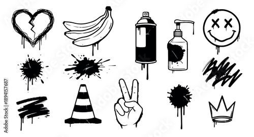 Hand drawn grunge line art set featuring a broken heart, spray can, peace sign, smiley face, bananas, and paint drips for urban design