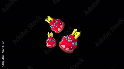 Playful 3D Valentine cake popup animation featuring cute red cakes with “14” candles. Smooth pop motion, festive style, and transparent background, perfect for Valentine videos, ads, and social media.