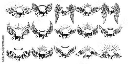 Hand drawn line art angel illustration set featuring wings, halos, and sunbursts for religious and memorial designs