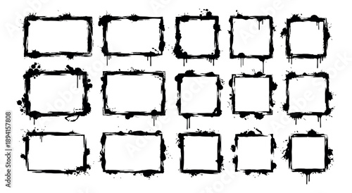 Grunge ink splatter frame set featuring various distressed rectangular and square borders for graphic design