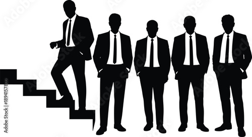 Silhouette of business men in suits, standing and walking on staircase, corporate posture, black and white illustration, professional concept