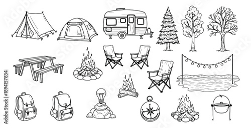 Hand drawn line art camping and hiking set featuring tents, campfires, a travel trailer, and outdoor equipment for nature exploration
