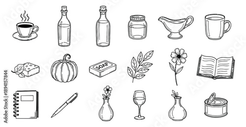 Hand drawn line art everyday objects set featuring various household and lifestyle items for general design