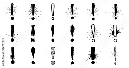 Hand drawn exclamation mark set featuring various styles including grunge, line art, and splash effects for alerts and emphasis