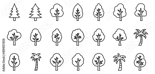 Line art trees set featuring diverse tree types for nature and environmental design