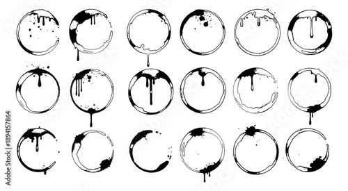 Hand drawn coffee cup ring stain set featuring ink splatters and drips for grunge design