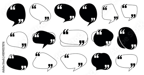 Modern graphic quote box and speech bubble set featuring various black and white shapes with quotation marks for testimonials, communication, and dialogue