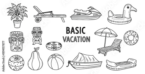 Hand drawn line art vacation objects set featuring a palm tree, jet ski, tiki masks and beach inflatables for summer holidays