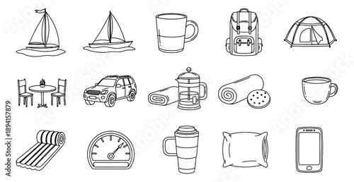 Hand drawn line art travel and outdoor objects set featuring sailboats, camping gear, car, and coffee items for adventure and recreation