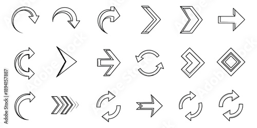Hand drawn line art arrow icon set featuring various direction and navigation symbols for web and UI design