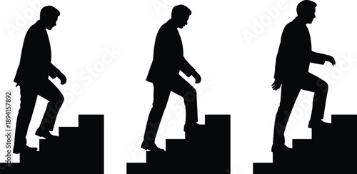 Silhouette of businessman climbing stairs in stages, career growth concept, black and white illustration, professional progress, success journey