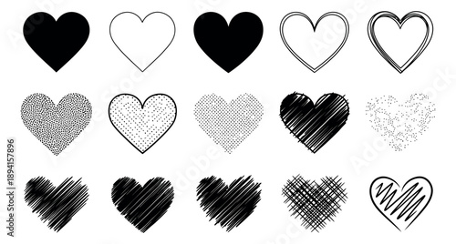 Hand drawn line art and textured heart icons set featuring various patterns and outlines for love and romance designs