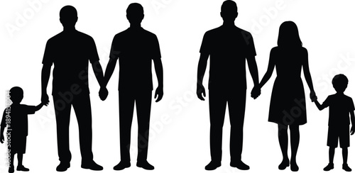 Silhouette of diverse family structures, two-parent households with child, black and white illustration, unity, love, parenting, social diversity