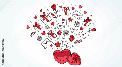 Valentine gift ideas floating in air with hearts and love letters for advertising campaign inspiration