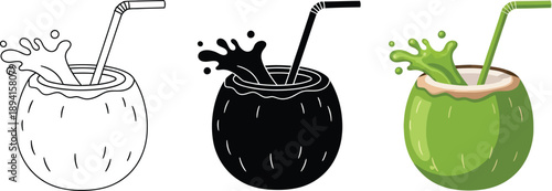 Set of coconut drink icons including outline silhouette and color vector illustrations with splashes and straws perfect for summer and tropical themes