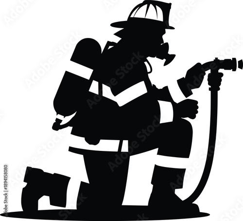 Silhouette of firefighter kneeling with hose, full gear and helmet, black and white illustration, emergency response, bravery, public safety tribute