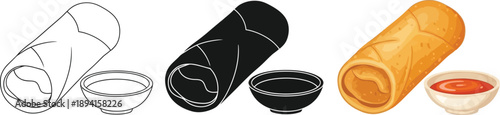Spring roll with dipping sauce presented in line art silhouette and realistic vector styles for diverse culinary design needs