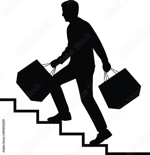 Silhouette of woman climbing stairs with shopping bags, black and white illustration, daily effort, upward motion, lifestyle activity, urban routine