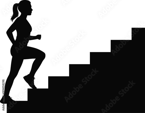 Silhouette of woman running upstairs, black and white illustration, fitness motivation, progress symbol, active pose, personal growth, determination concept