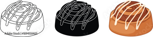 Collection of cinnamon roll icons including outline silhouette and full color vector illustrations for bakery and food concepts