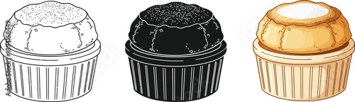 Collection of three cupcake illustrations including line art silhouette and color versions perfect for baking themes and food design
