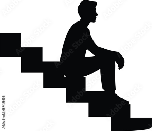 Silhouette of woman sitting on staircase, relaxed pose, black and white illustration, contemplation moment, minimalist design, emotional pause, reflection theme