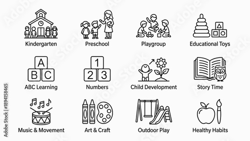 Set of 12 early childhood education line icons featuring kindergarten, preschool, playgroup, educational toys, ABC learning, numbers, child development, story time, music, art, and outdoor play.