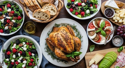 Wallpaper Mural Roasted chicken and diverse dishes arranged on a wooden table top view Torontodigital.ca