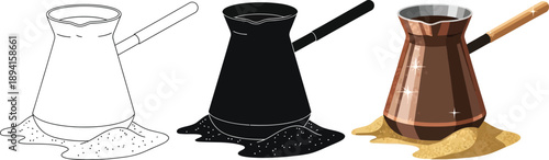Set of three coffee pots including outline silhouette and copper cezve on sand representing traditional brewing methods for cafes and kitchens