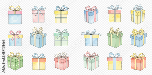 Watercolor illustration set of pastel colored gift boxes with bows, perfect for celebrations and holidays.