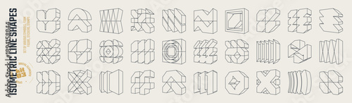 Isometric line brutal 3D shapes, Postmodern abstract geometric graphic frame elements, Brutalism volumetric carcass various form, trendy cyber design symbols in futuristic aesthetics, vector set 3