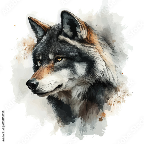watercolor draw of Wolf, isolated on a white background.