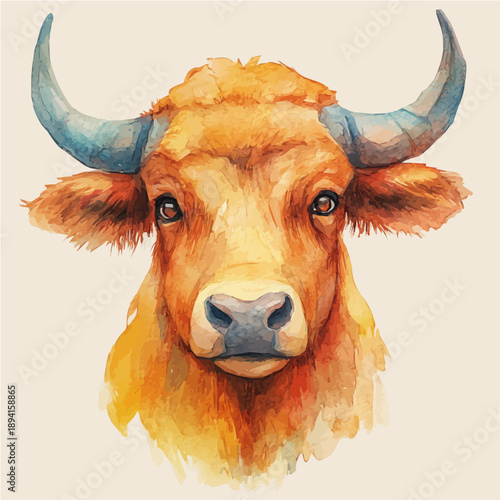 watercolor hand-drawn of Wild Yak, isolated on a white background.