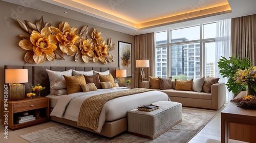 Elegant modern bedroom interior golden floral high resolution picture