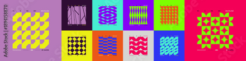 Kit of Postmodern geometric compositions with abstract shapes in brutalism aesthetics, mosaic of brutal figures, trendy color retro futuristic elements, vector modernist ornament, cards art 19
