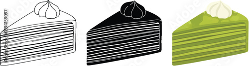 Collection of cake slice illustrations including outline silhouette and colored versions perfect for dessert menus and food blogs