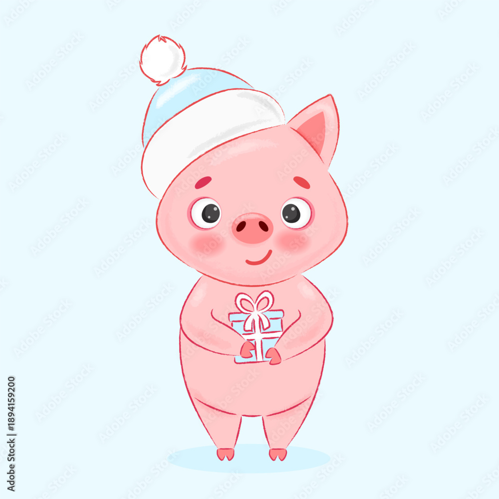 Fototapeta premium Cute pig in a hat and with a gift