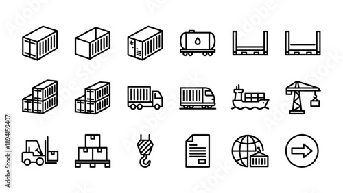 Comprehensive set of 18 minimalist shipping container and logistics line icons. Features cargo ship, freight truck, train, crane, forklift, and global transport symbols for supply chain design.