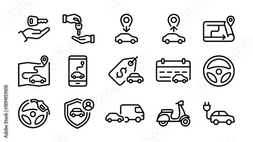 Vector line icon set of 15 unique icons for car rental and rideshare services, featuring keys, pickup, dropoff, route map, fare price tag, booking calendar, insurance, and electric vehicle charging.