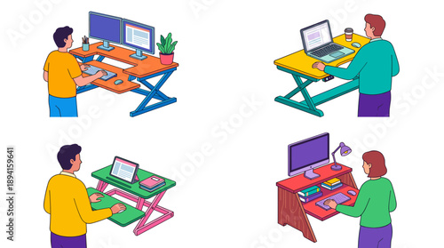 Set of four flat vector illustrations featuring people working at standing desk converters. Vibrant scenes showing ergonomic office setups with laptops, monitors, and adjustable workstations.