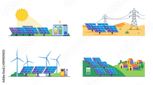 Vector set of four scenes showing solar panel energy farms, wind turbines, battery storage, and EV charging stations for sustainable renewable power in a flat, vibrant, and modern style.