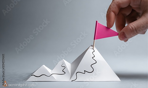 Hand places pink flag on paper mountain peak with winding path to success.