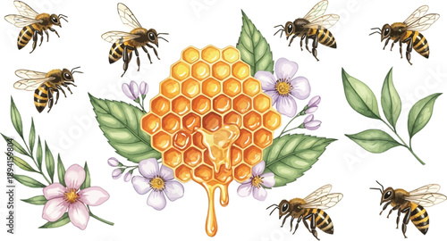 Honey bee swarm around honeycomb with purple and pink blossoms and greenery