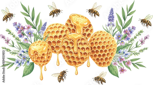 Honeycombs dripping with golden honey, surrounded by lavender flowers and flying bees