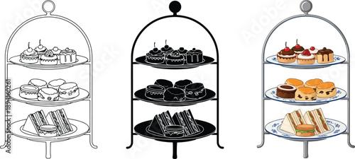 Collection of three-tiered cake stands with assorted pastries sandwiches and scones perfect for afternoon tea or event catering