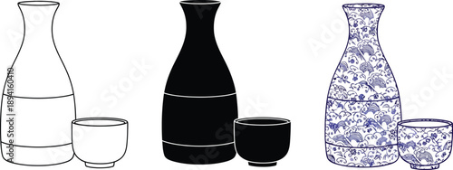 Set of Japanese sake bottles and cups in outline solid black and blue floral patterns traditional beverage service icons isolated on white