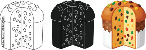 Collection of Panettone icons representing traditional Italian Christmas bread in outline silhouette and full color for festive design elements